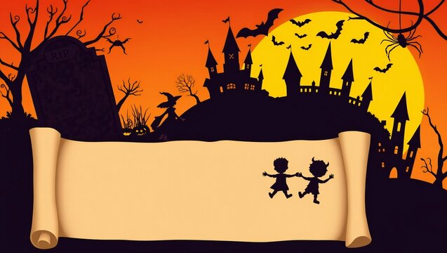 Happy children in halloween costumes standing in front of an old spooky castle with a full moon