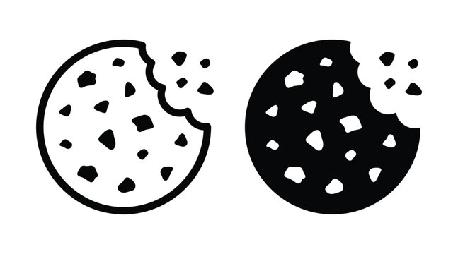 Set of two chocolate chip cookie icons, one outline and one solid silhouette, simple vector illustration of a bitten cookie