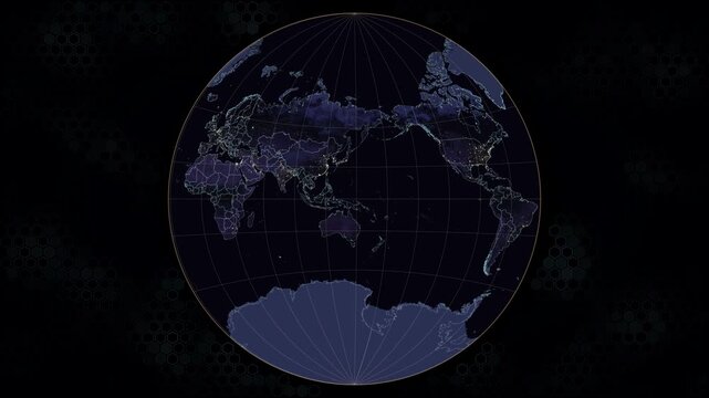 Van Der Grinten world map projection. Earth rotates with glowing city night lights and illuminated borders. Amber graticule lines, hexagonal animated background. Seamless loop. 4K resolution.