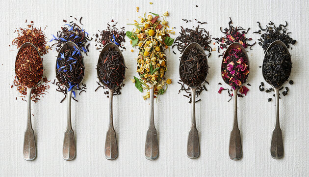 Assorted loose leaf tea blends on vintage silver spoons