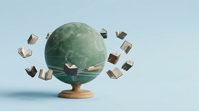 Chalkboard planet globe surrounded by a ring of open books representing global education and the universal reach of shared literary knowledge