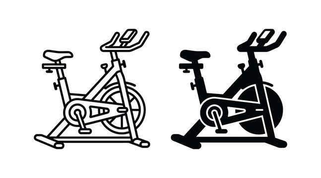 Spinning bike icon set, stationary exercise bicycle for fitness and cardio training, vector illustration