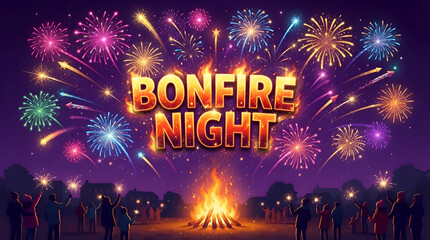 Obraz premium Bonfire night logo with text BONFICE NIGHT and fireworks