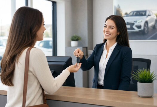 Car salesperson hands keys to a female customer at a dealership counter while both smile. The interaction conveys friendly service and vehicle purchase completion.