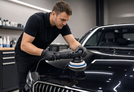 A man polishes a black car hood using an electric buffer while wearing gloves in a garage. The detail highlights car care and professional vehicle detailing work.