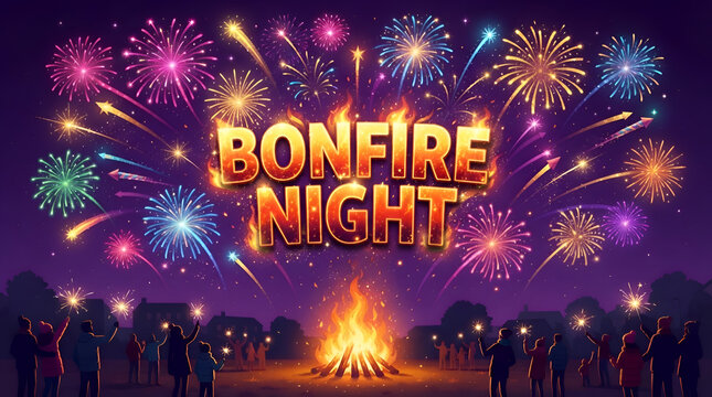Bonfire night logo with text BONFICE NIGHT and fireworks