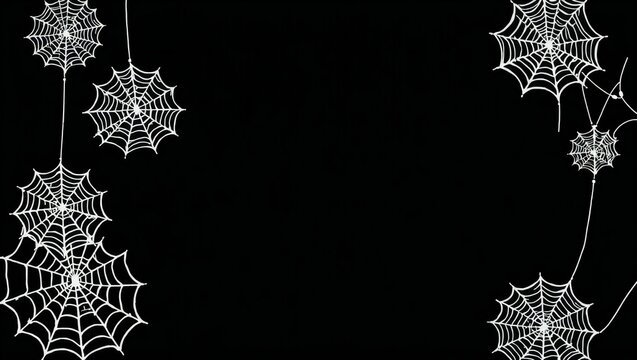 White spider webs hanging on a black background for halloween design
