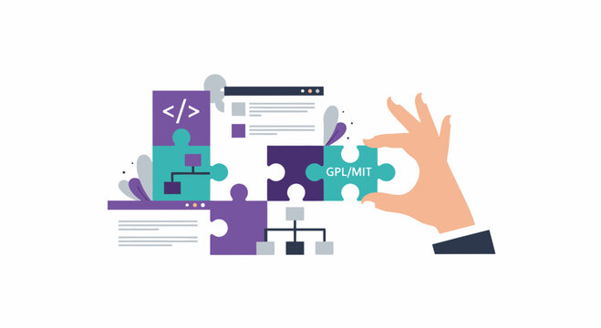 Open source software development concept showing hand integrating GPL and MIT licensed puzzle pieces into a digital project.
