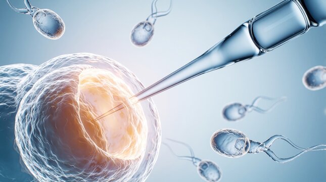 Scientist uses micro pipette for in vitro fertilization process. Medical expert performs IVF procedure to manipulate embryo, sperm cells. Advanced reproductive tech helps human fertility treatment in