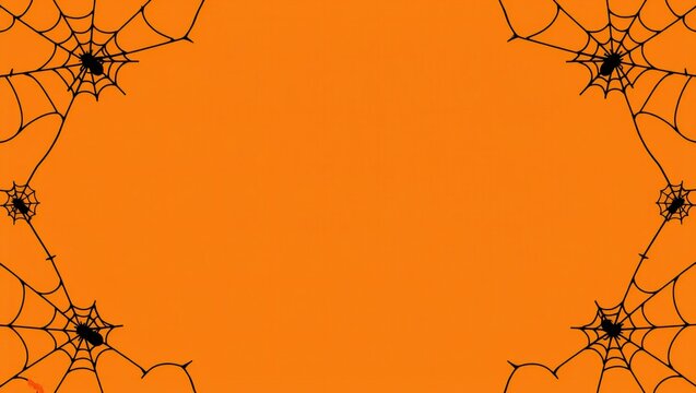 Black spider webs border on orange background for halloween celebration