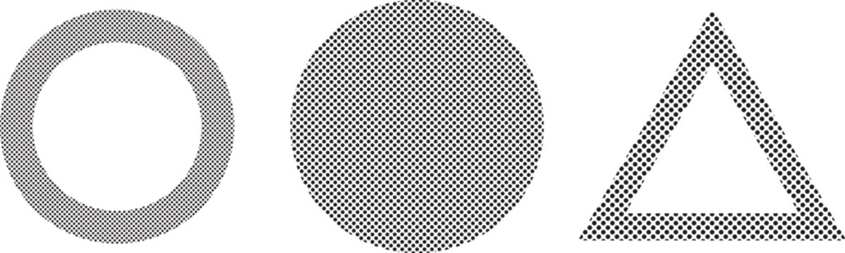 Halftone circle square and triangle shapes on a white background