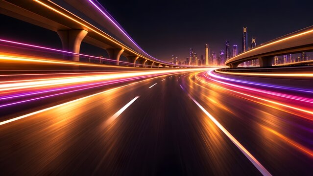 Illuminated highway light trails showing high speed traffic motion toward modern night city skyline
