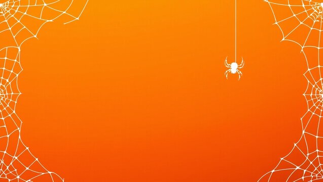 Little spider hanging from a web on a bright orange halloween background