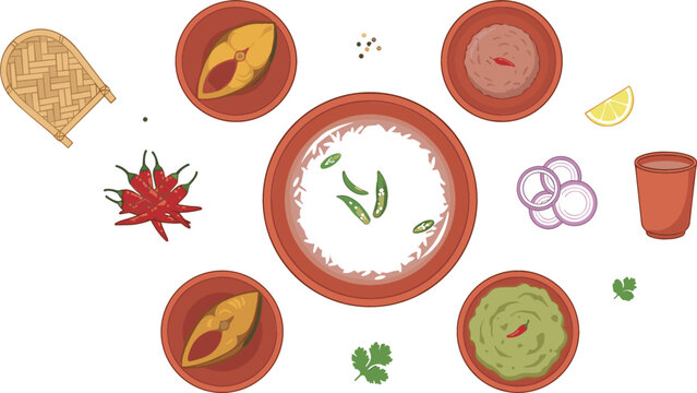 Traditional Bengali Panta Ilish vector collection featuring soaked rice hilsa fish fry bhorta green chilies red onions and authentic clay pottery elements