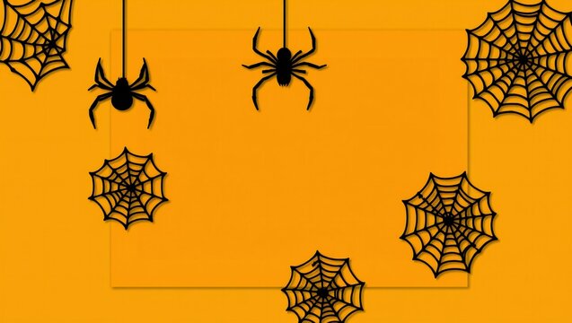 Black spiders and cobwebs hanging on a bright orange background for halloween celebration