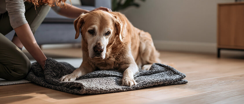 Golden retriever dog resting on folded blanket beside owner at home, offering comfort and companionship during quiet indoor moment