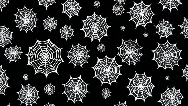 Seamless pattern with white spider webs on a black background for halloween design