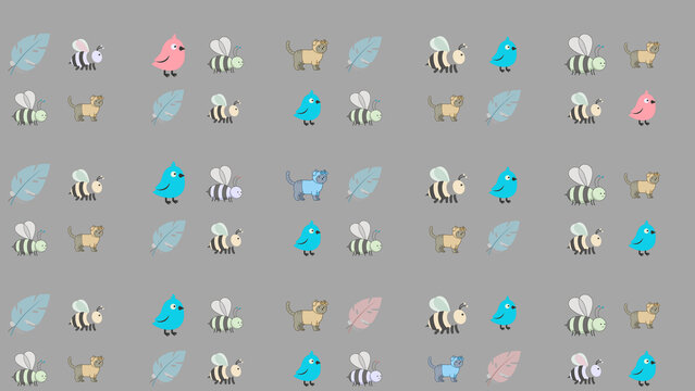 Cartoon bees, birds, cats, and leaves pattern
