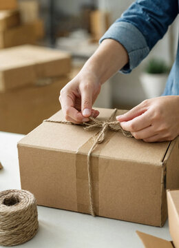 Person tying twine around a cardboard shipping box on a table, preparing a package for delivery. Neutral indoor workspace with packaging materials and boxes in background.