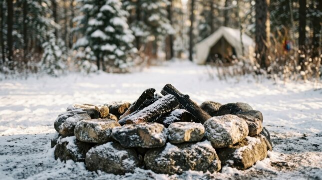 Snowy winter campfire pit in a forest near a tent outdoors in nature
