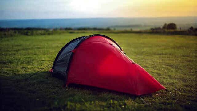 Red Camping Tent Set up on Grassy Field at Golden Hour for Outdoor Adventure and Travel Concept
