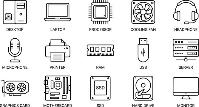 Computer hardware line icons set, 15 electronic component vector symbols, desktop and laptop pc parts collection, technology equipment outline illustrations