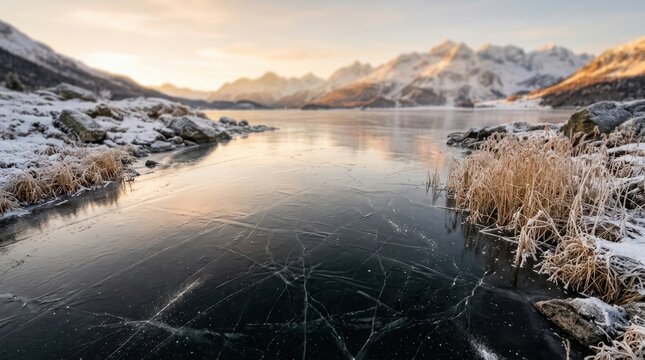 Stunning frozen lake landscape with snowy mountains in winter scenery