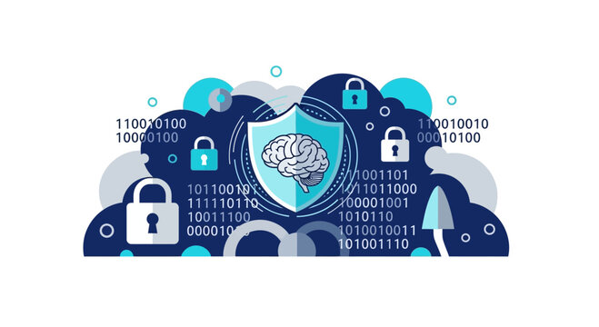 AI brain security concept with shield, locks, and binary code in a digital cloud.