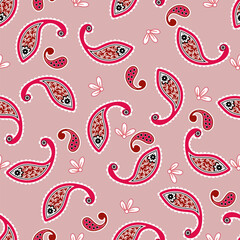 Fototapeta premium Elegant paisley seamless pattern featuring red ornamental motifs, floral details and white decorative accents on a dusty pink background, ideal for fabric, textile and wallpaper designs.