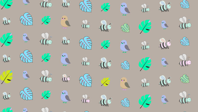 Cartoon bees, birds, and leaves pattern