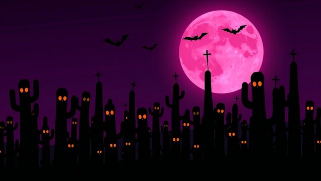 Spooky halloween night landscape with creepy cactus monsters and bats under a large glowing pink full moon in a dark purple sky