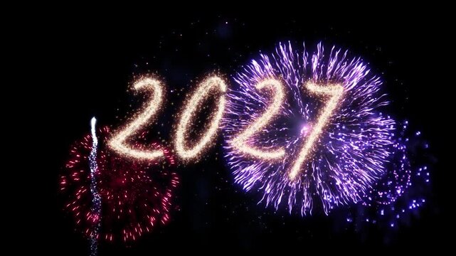 Amazing real beautiful colorful fireworks background on celebration night event for happy new year party, Abstract Multi color golden firework in the night sky. Happy New Year and Merrry Christmas con