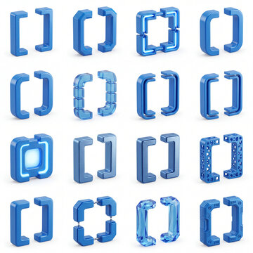 Blue 3d bracket icons and tech frames set on white background