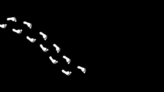Trail of white footprints on black screen background. Black silhouettes of footprints. Steps tracing the human path. Human journey of the footsteps. Step by step.
