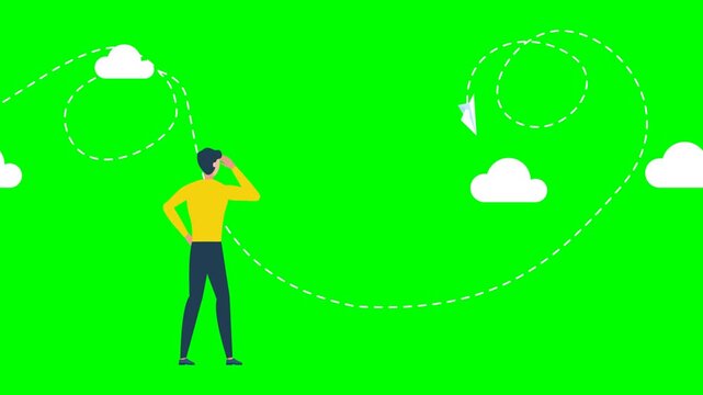 Man in yellow shirt looking ahead with hand raised. White paper airplane flies in the background, leaving a dashed line in its wake. Vision, journey, exploration, future planning. Alpha channel. Video