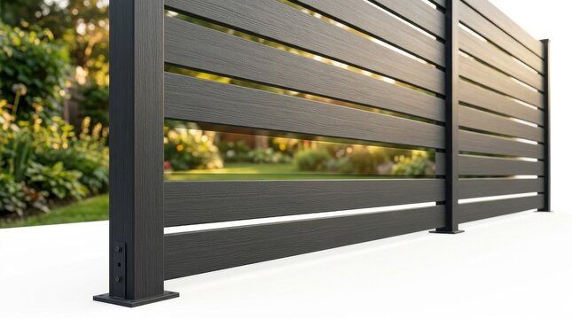 Modern Horizontal Slat Privacy Fence Design in Black Composite Material for Contemporary Residential Backyard Landscaping Architecture and Outdoor
