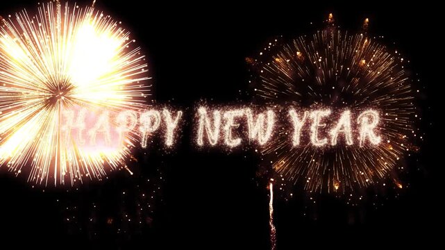Amazing real beautiful colorful fireworks background on celebration night event for happy new year party, Abstract Multi color golden firework in the night sky. Happy New Year and Merrry Christmas con