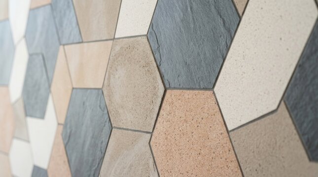 Modern hexagonal tile wall background featuring a geometric pattern of slate and stone textures in neutral tones of beige gray and cream