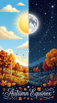 Autumn equinox concept showing day and night with sun and moon over a fall landscape with colorful leaves