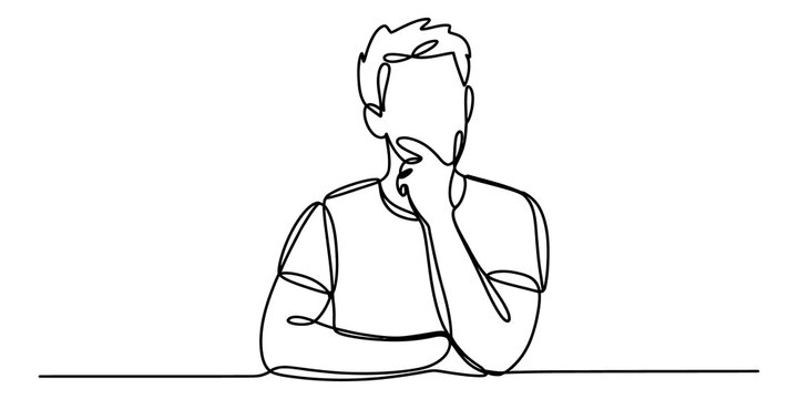 Continuous line drawing of a man thinking with hand on chin