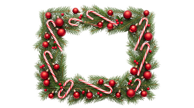 Christmas wreath frame with pine branches and candy canes, festive holiday border with red ornaments, winter seasonal rectangular greenery decoration isolated PNG with Transparent Background