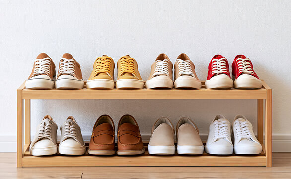 Wooden shoe rack with sneakers and shoes, storage
