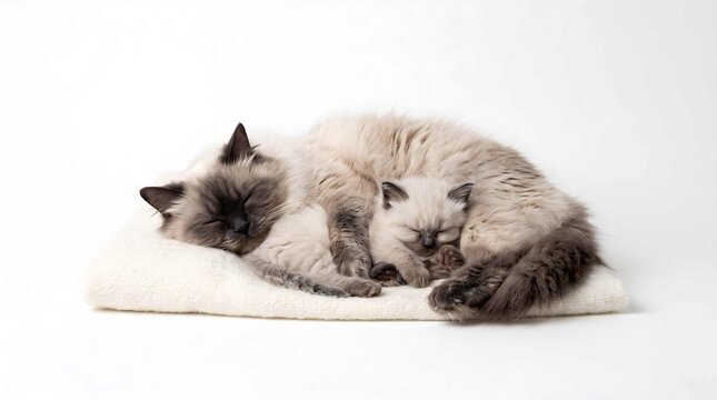 Adorable Himalayan cat and fluffy kitten sleeping peacefully together on a white towel, white background