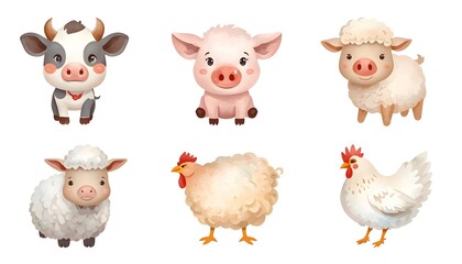 Fototapeta premium Cute watercolor farm animals illustration set, adorable cow pig sheep hen character elements isolated on white background.