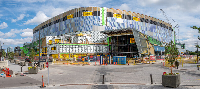Calgary, Alberta - September 12, 2026: Exterior of the brand new Scotiabank arena in Calgary, Albera, still under construction.