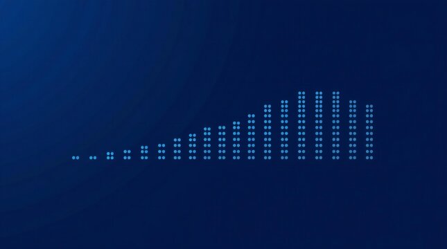 Abstract digital sound wave equalizer bars made of glowing light dots on a dark blue background