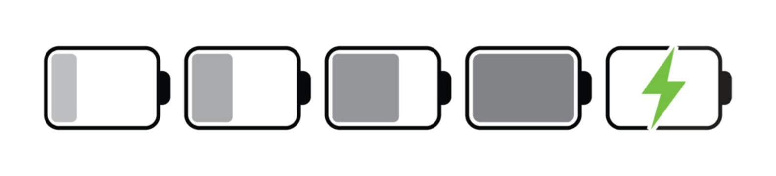 Black battery level indicator icons with concept power and green lightning bolt. horizontal battery level status. vector illustration.