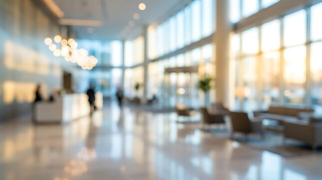 Abstract blurred interior of a spacious modern corporate lobby with large windows, bright sunlight, and seating area