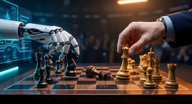Robot Cyborg Hand Playing Chess Against Businessman, Artificial Intelligence vs Human Strategy Concept