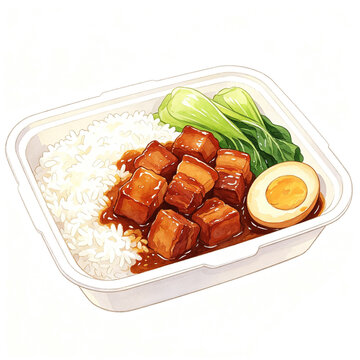 Braised Pork Rice (Lu Rou Fan) 
 Watercolor illustration of Taiwanese braised pork rice lu rou fan in takeaway box with egg and bok choy
